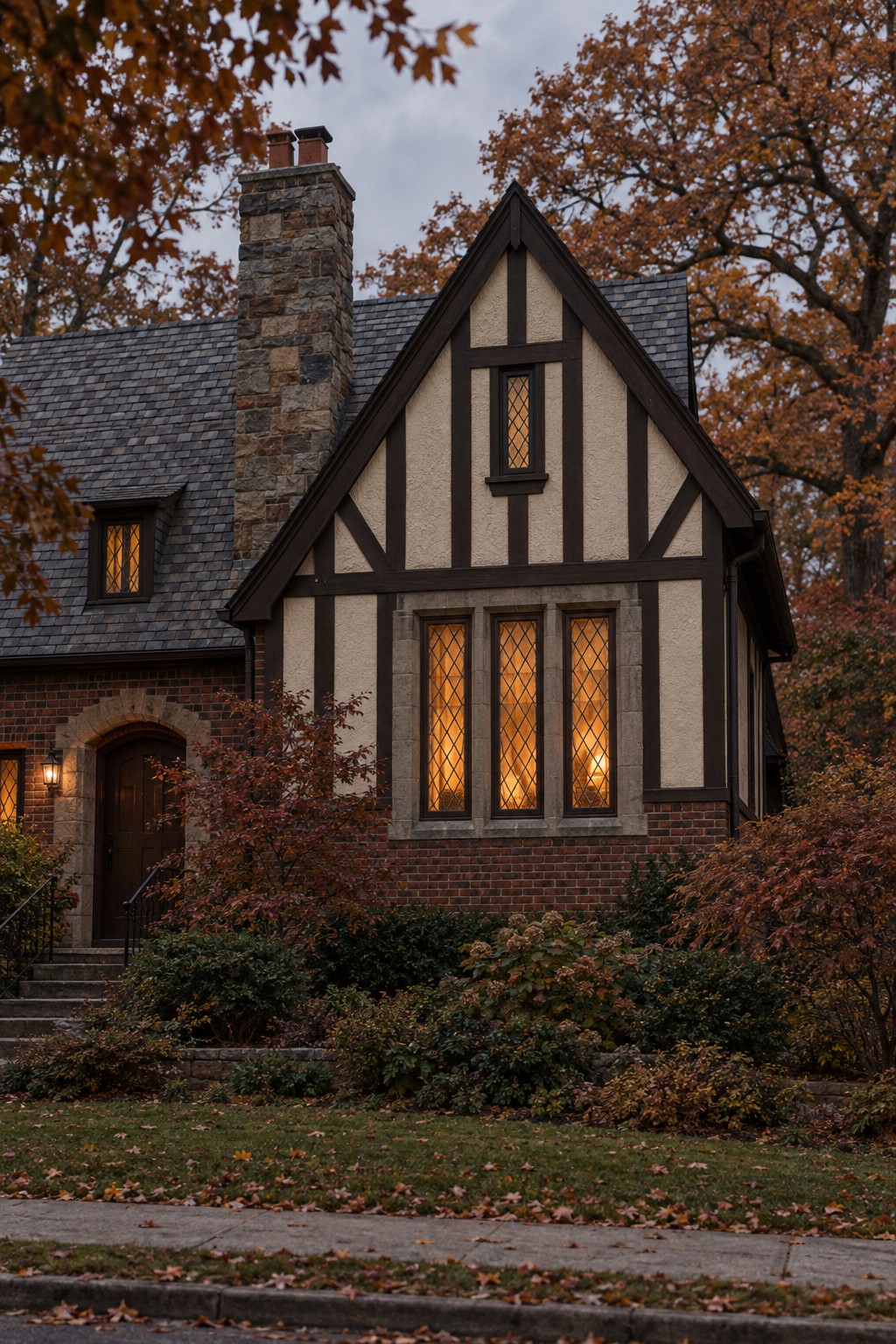 1920s Tudor Revival house at dusk with half-timbered gables and diamond-leaded casement windows lit from inside.