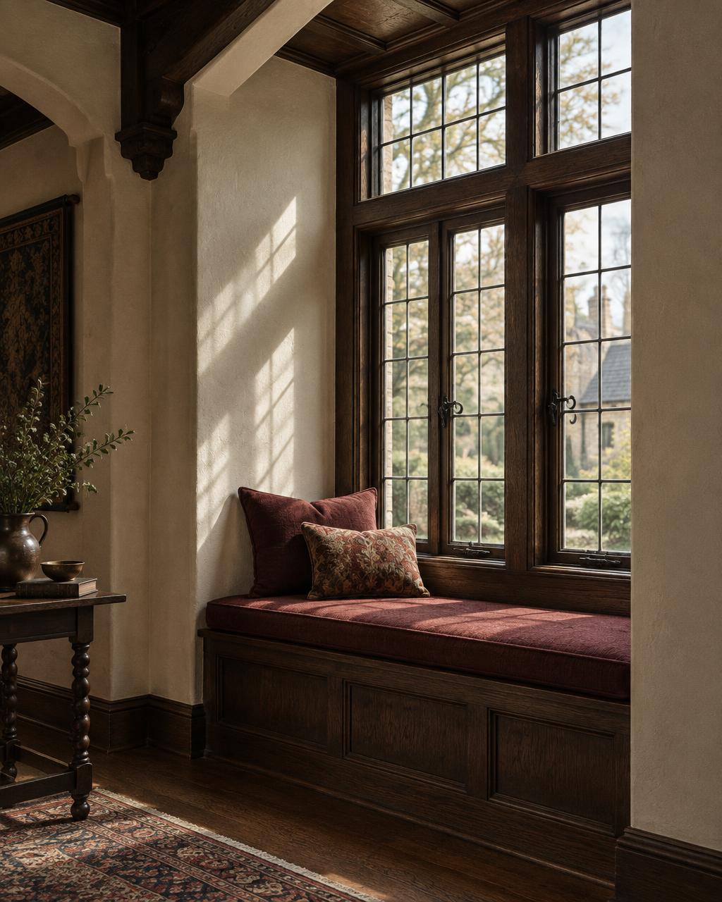 Dark oak divided-light casement windows above a burgundy window seat in a Tudor Revival interior with ivory plaster walls.