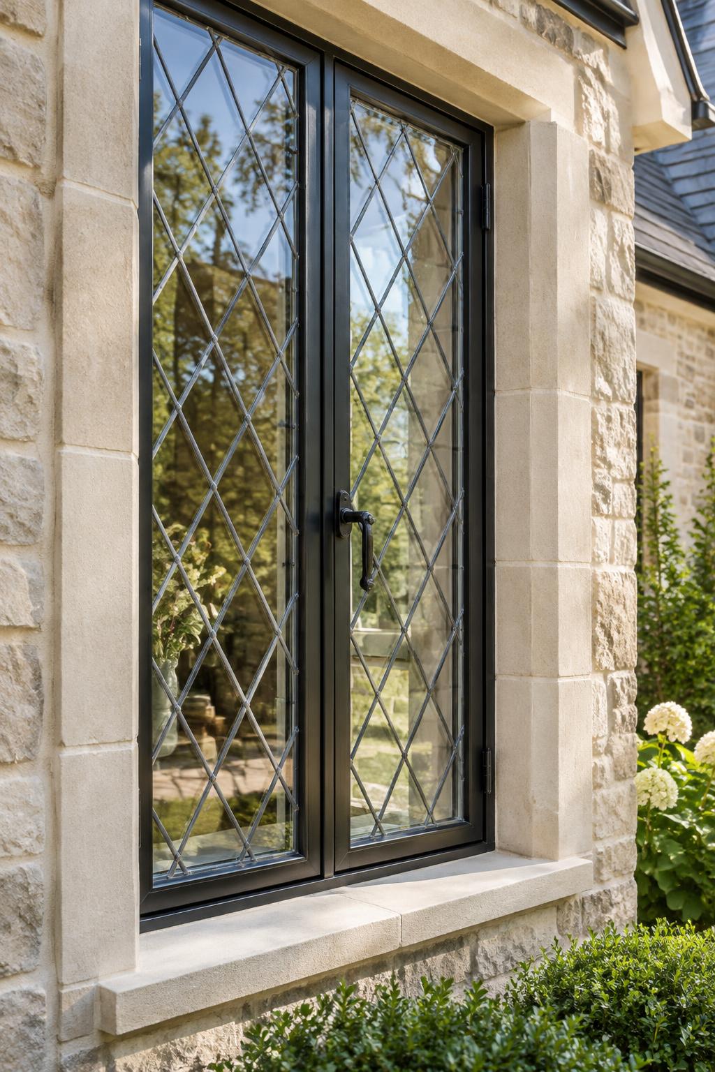 Diamond-pattern decorative glazing in a slender steel casement against a stone window reveal.