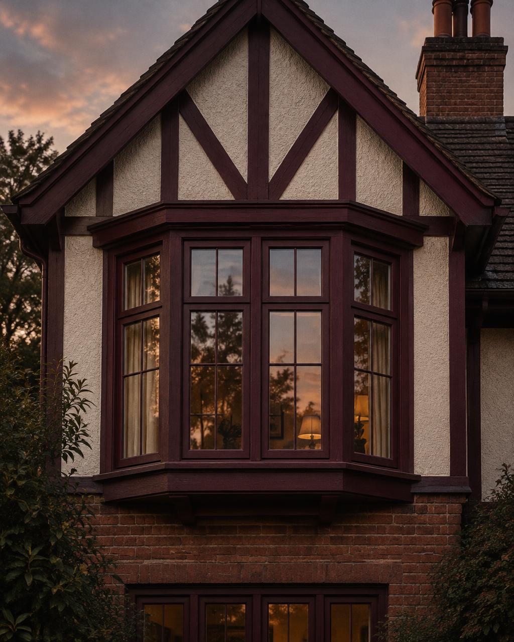 Burgundy painted wood bay window with divided lights beneath a half-timbered Tudor gable at dusk.