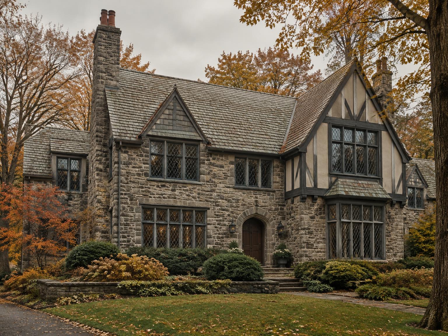 Stone and half-timbered Tudor Revival house in autumn with rows of diamond-leaded steel casement windows.