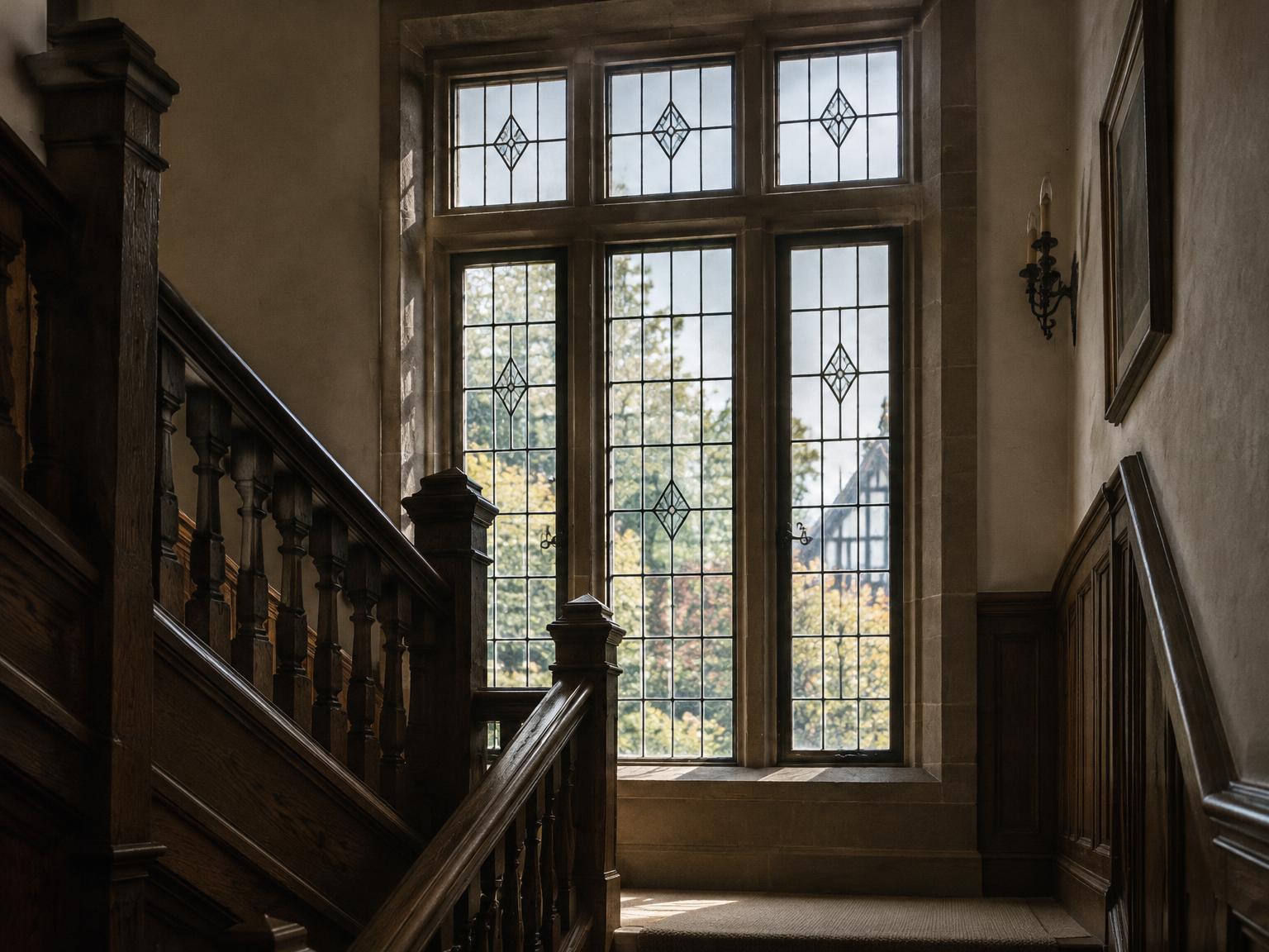 Tall leaded stair-hall window with diamond accents and transom lights above an oak staircase in a Tudor home.